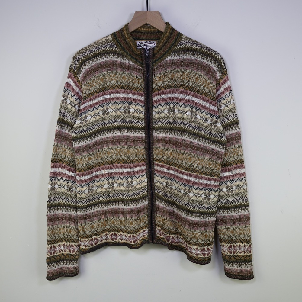 Vintage Heirloom Collectibles Fair Isle Zip Cardigan Small Boho Knit Brown Pink